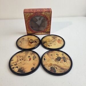 Asian Coaster Formic Collection Set 4 In Box By Appx 3.75" Round Cork Backed